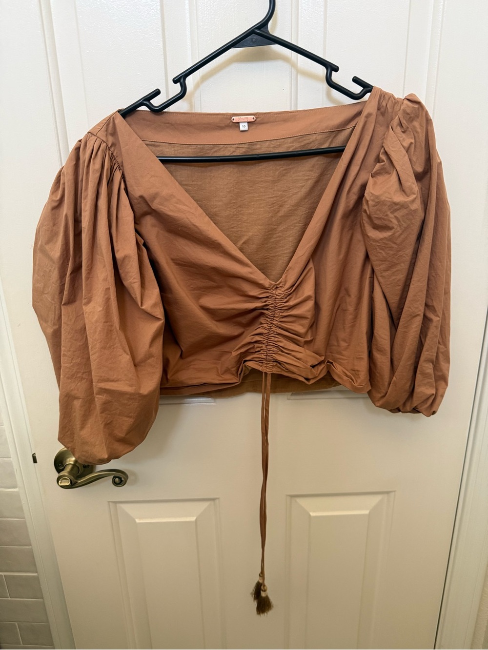 Johanna Ortiz Brown Ruched V-Neck Puff Sleeve Top